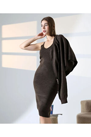 Doğal Aura Fermuarlı Hırka Elbise Takım