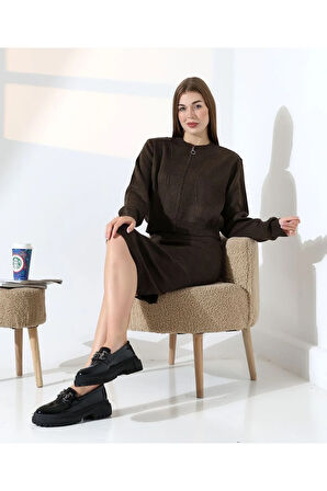 Doğal Aura Fermuarlı Hırka Elbise Takım