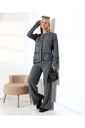 Biye Detaylı Cepli Hırka Triko Takım