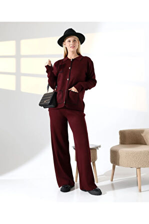 Biye Detaylı Cepli Hırka Triko Takım