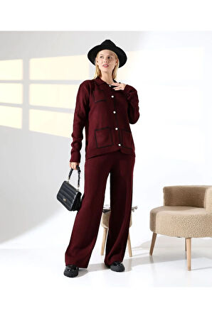 Biye Detaylı Cepli Hırka Triko Takım