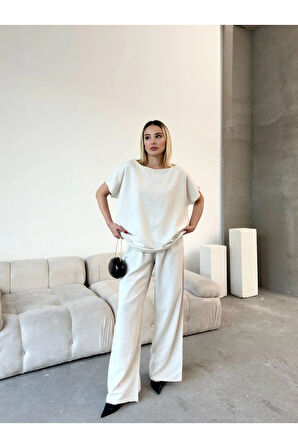 Milano Esintisi Bej Alt Üst Keten Takım