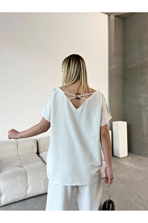 Milano Esintisi Bej Alt Üst Keten Takım