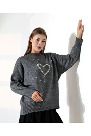 İnci Kalp Detaylı Kadın Kazak