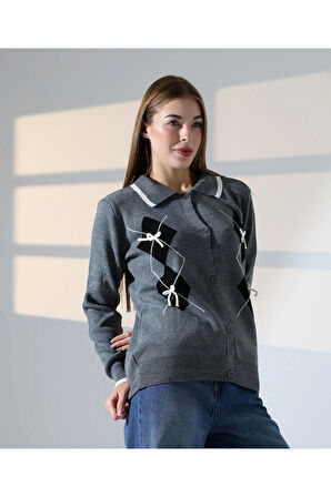 Baklava Desen Polo Yaka Kadın Kazak