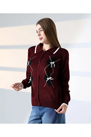 Baklava Desen Polo Yaka Kadın Kazak