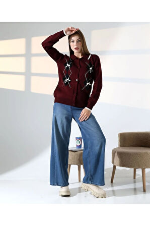 Baklava Desen Polo Yaka Kadın Kazak