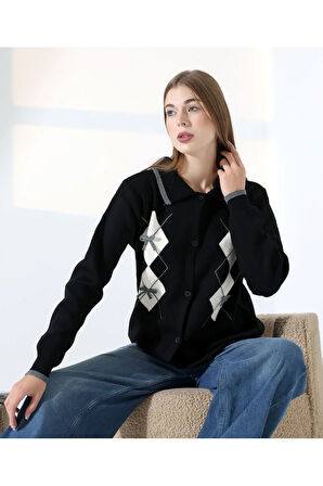 Baklava Desen Polo Yaka Kadın Kazak