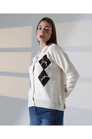 Baklava Desen Polo Yaka Kadın Kazak