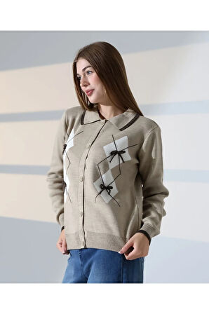 Baklava Desen Polo Yaka Kadın Kazak