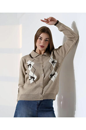 Baklava Desen Polo Yaka Kadın Kazak