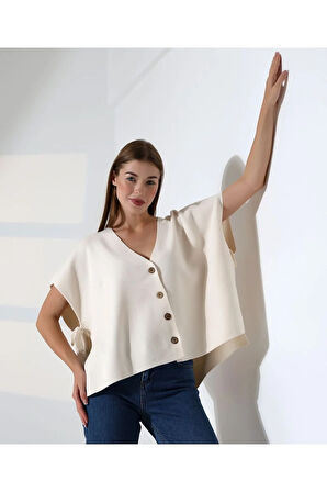 Düğme Detaylı Asimetrik Triko Bluz