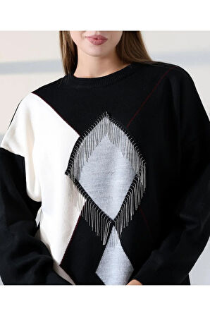 Geometrik Desenli Oversize Kadın Kazak