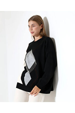 Geometrik Desenli Oversize Kadın Kazak