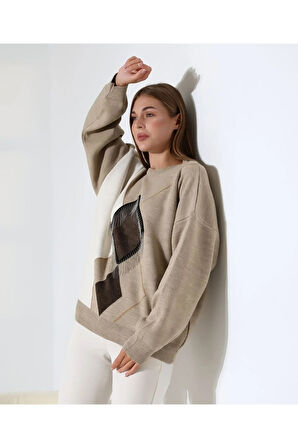 Geometrik Desenli Oversize Kadın Kazak