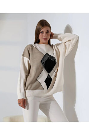 Geometrik Desenli Oversize Kadın Kazak