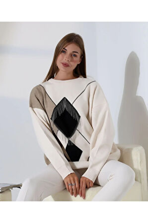 Geometrik Desenli Oversize Kadın Kazak