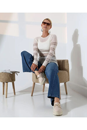 Hafif Dokulu Casual Çizgili Kazak