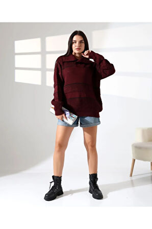 Yaka Düğmeli Ajurlu Triko Kazak