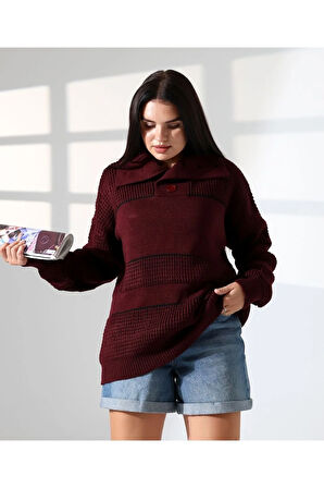 Yaka Düğmeli Ajurlu Triko Kazak