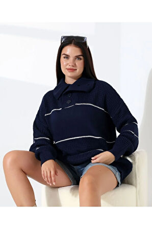 Yaka Düğmeli Ajurlu Triko Kazak