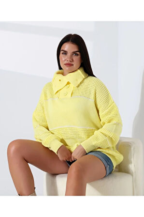 Yaka Düğmeli Ajurlu Triko Kazak
