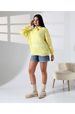 Yaka Düğmeli Ajurlu Triko Kazak