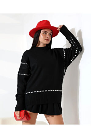 Yüksek Yaka Dikişli Triko Kazak