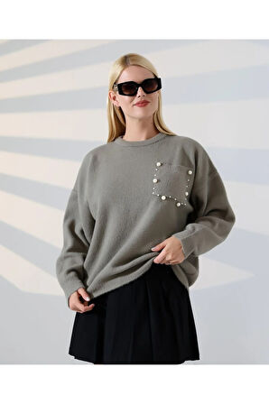 İnci Detaylı Cepli Dokuma Kazak