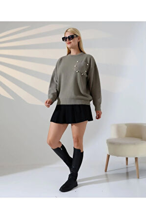 İnci Detaylı Cepli Dokuma Kazak