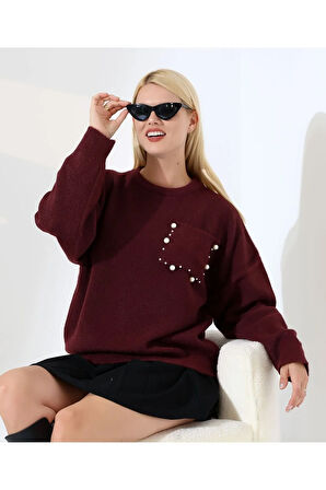 İnci Detaylı Cepli Dokuma Kazak