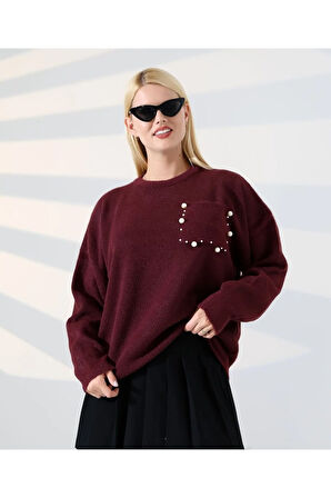 İnci Detaylı Cepli Dokuma Kazak