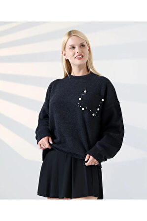 İnci Detaylı Cepli Dokuma Kazak