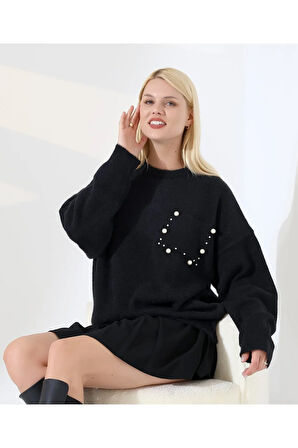 İnci Detaylı Cepli Dokuma Kazak