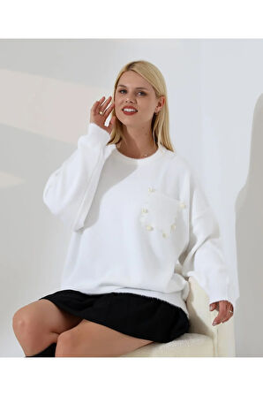 İnci Detaylı Cepli Dokuma Kazak