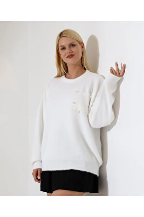 İnci Detaylı Cepli Dokuma Kazak