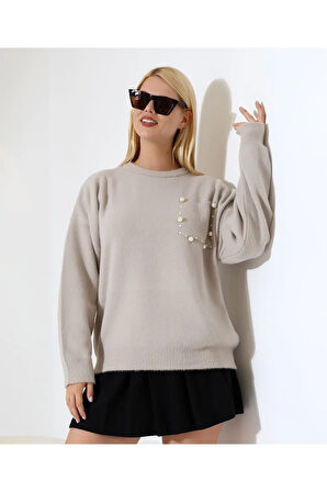 İnci Detaylı Cepli Dokuma Kazak