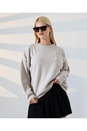 İnci Detaylı Cepli Dokuma Kazak