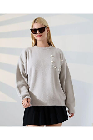 İnci Detaylı Cepli Dokuma Kazak