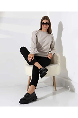 Gündelik Şıklık Kol Düğme Detay Triko Kazak