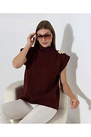 Zarif Omuz Detaylı Dik Yaka Triko Bluz