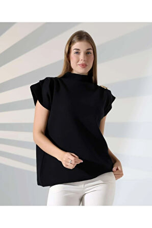 Zarif Omuz Detaylı Dik Yaka Triko Bluz
