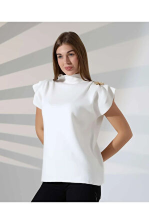 Zarif Omuz Detaylı Dik Yaka Triko Bluz