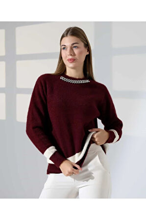 Zincir Yaka Detaylı Kontrast Triko Kazak