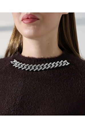 Zincir Yaka Detaylı Kontrast Triko Kazak