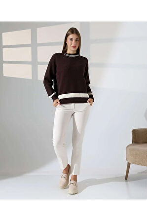 Zincir Yaka Detaylı Kontrast Triko Kazak
