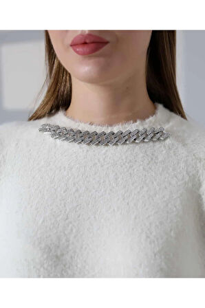 Zincir Yaka Detaylı Kontrast Triko Kazak