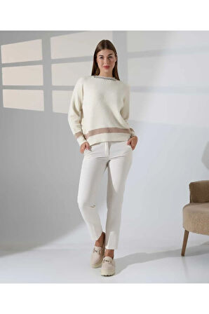 Zincir Yaka Detaylı Kontrast Triko Kazak