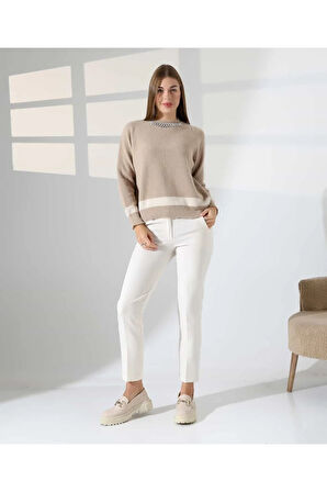 Zincir Yaka Detaylı Kontrast Triko Kazak