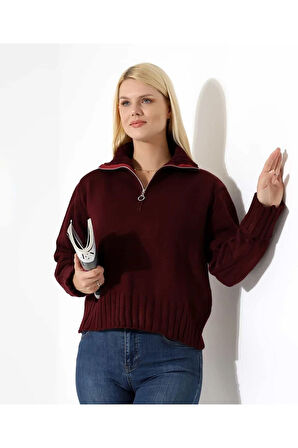 Yüksek Yaka Fermuarlı Triko Kazak